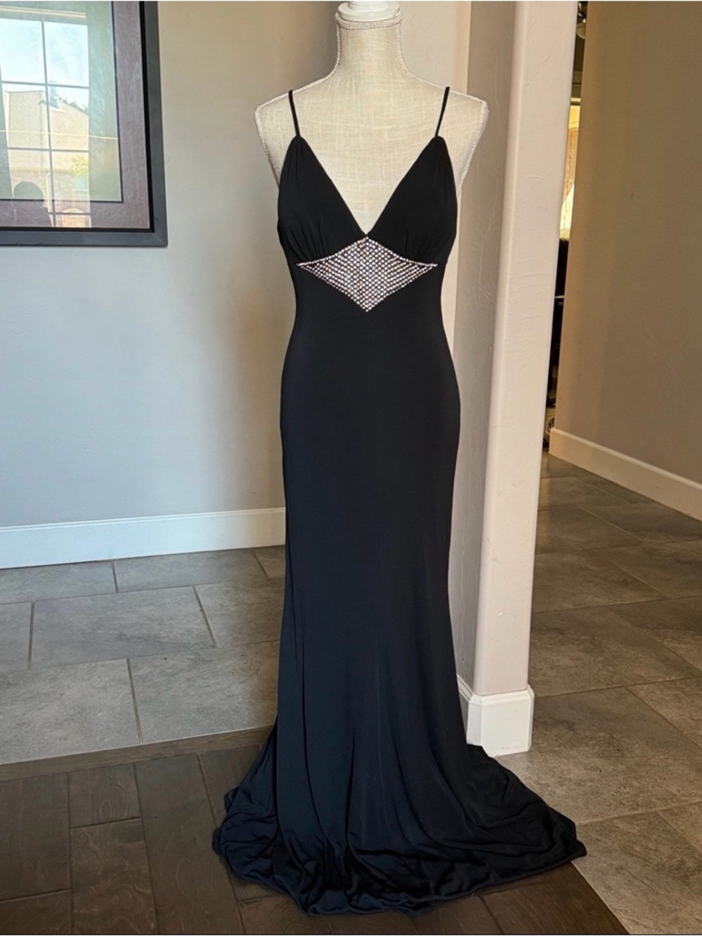 Mac Duggal Black Spaghetti Strap Evening Gown with Crystal Mesh Accent